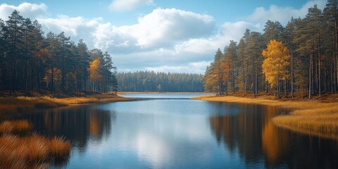 Obraz premium Serene Autumn Landscape with a Tranquil Lake and a Canopy of Trees