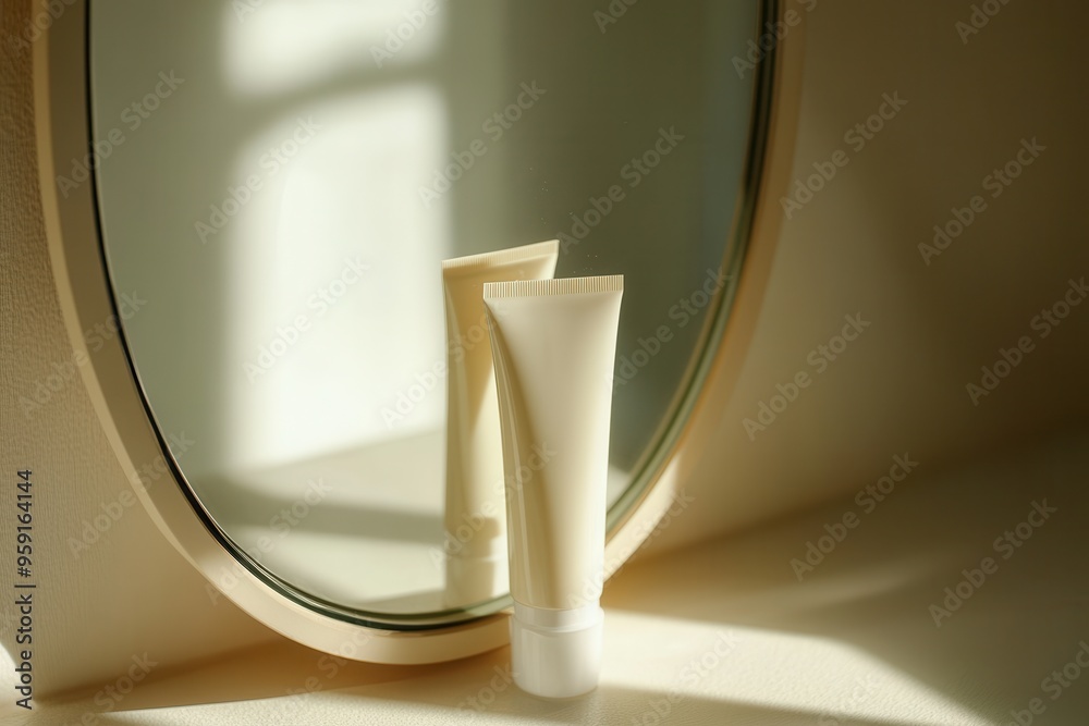 Poster A tube of cream stands upright next to a mirror, casting a soft reflection as sunlight filters in gently. Generative AI