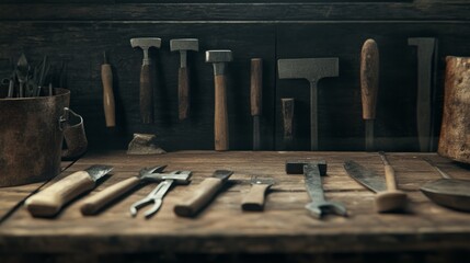 Antique carpenter's tools are neatly arranged on a rustic wooden surface