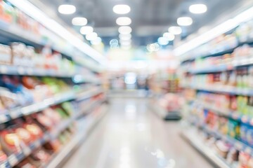 Blurred supermarket interior with bokeh effect, creating a calm shopping vibe.