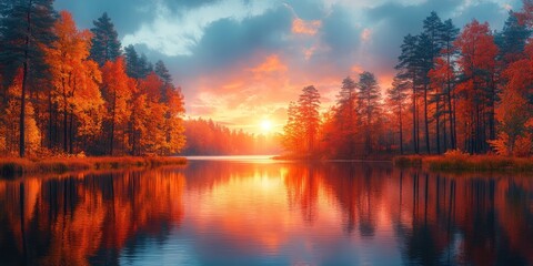Tranquil Autumn Sunset Reflected in a Still Lake