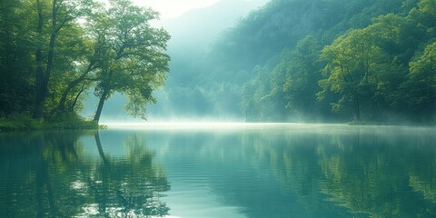 Fototapeta premium Tranquil Forest Lake with Morning Mist and Reflections