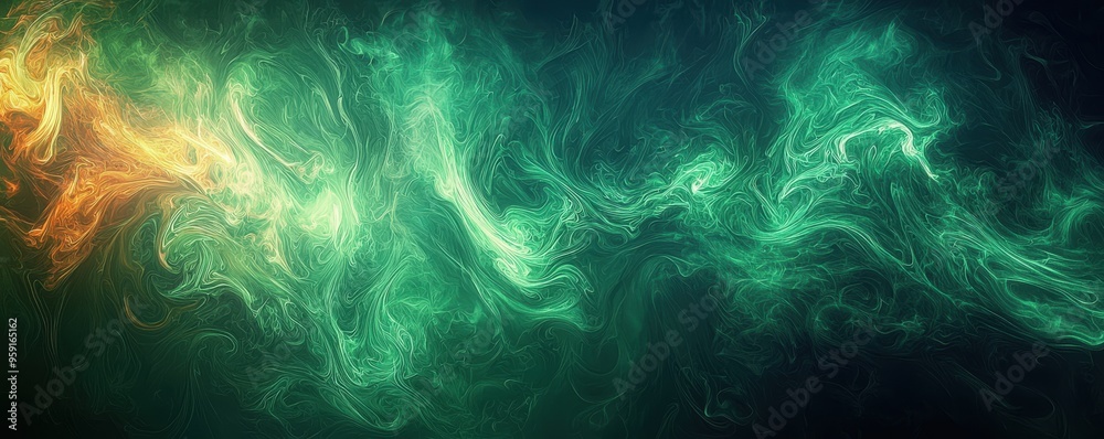 Wall mural dark background with vivid green fiery swirls, abstract design, intense and dramatic, copy space ava