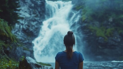 Obraz premium Woman Pauses At Foot Of Waterfall