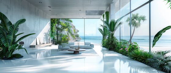 Fototapeta premium Luxury Beach House Interior With Expansive Ocean Views