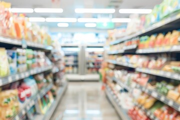 Fototapeta premium Blurred supermarket interior with bokeh effect, creating a calm shopping vibe.