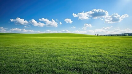 Fototapeta premium Vast green fields under a clear blue sky with soft white clouds, capturing a peaceful and idyllic scene.