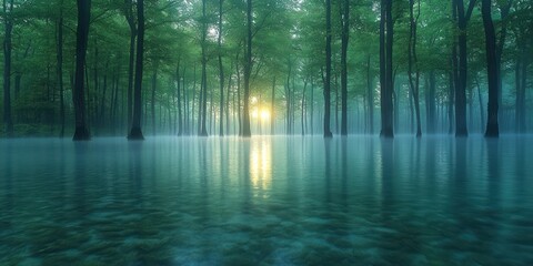 Sunlit Forest Reflected in Tranquil Water