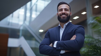 Fototapeta premium Successful young bearded CEO businessman looking at camera and smiling inside modern office building with hands crossed