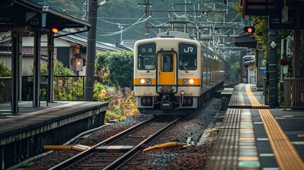 A train pulls into a small station in Japan, with green hills in the background.