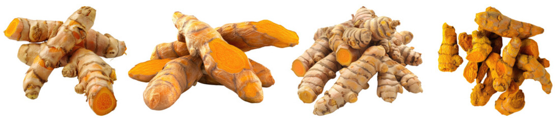 Turmeric isolated on transparent background, set of