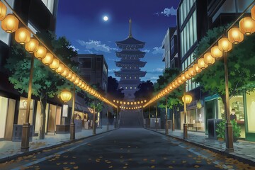 Obraz premium Nighttime Street in Japan with Pagoda