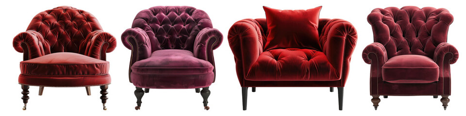 Velvet lounge chair isolated on transparent background, set of