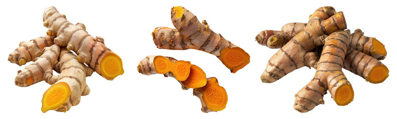 Turmeric isolated on transparent background, set of