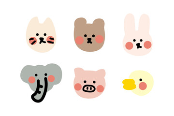 Hand drawn cute animals character head set. Cat, rabbit, bear, elephant, pig, duck. Use for greeting card, invitation, postcard, book, poster. Flat childish cartoon vector isolated illustration