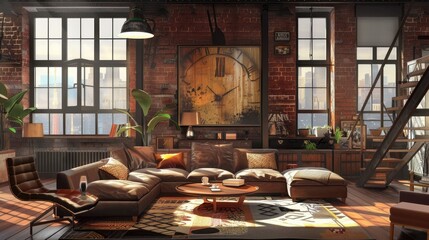 Modern Loft Living Room with Industrial Touches and Natural Light