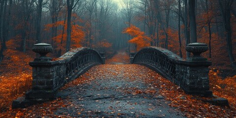 Obraz premium Stone Bridge Through a Foggy Autumn Forest