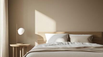 Imagine a serene bedroom that features a beautifully crafted wooden bed, with soothing beige tones and minimalist decor that together create a perfectly calming and inviting atmosphere