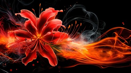   Red flower on black background with orange smoke from top and red smoke from bottom