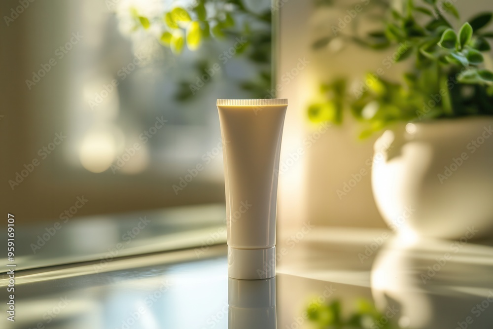 Poster a tube of cream stands upright, reflecting warm sunlight in a tranquil bathroom setting adorned with
