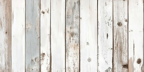 Fototapeta premium Weathered wooden backdrop featuring vertically aligned barnwood planks with faded white paint, revealing the natural wood underneath. The wood has a rustic, distressed texture, with nails and knots