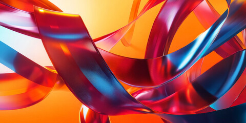 An energetic 3D scene with twisting ribbons in vibrant shades of red, orange, and blue. The ribbons flow dynamically, adding a sense of excitement and movement.