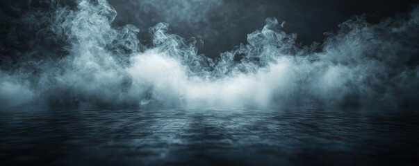 Fototapeta premium Spooky background with black floor shrouded in thick fog, swirling smoke, dark atmospheric effect, mist and steam elements.