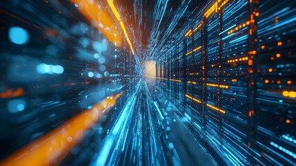 Advanced server farm bustling with high-tech machines and digital systems