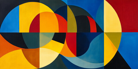 Obraz premium A bold modern abstract design with large, overlapping geometric shapes in primary colors. The composition is balanced yet dynamic, with a strong visual impact and a sense of rhythm.