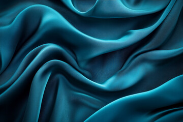 Obraz premium An abstract background featuring 3D wave-like silk fabric in a gradient of deep blue to light turquoise. The fabric flows smoothly, creating a sense of elegance and fluidity.