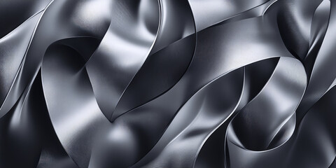 A sleek 3D background featuring smooth, twisted ribbons in gradients of grey and silver. The design has a contemporary, sophisticated look with subtle, flowing textures.