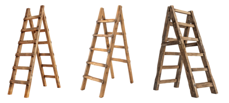 Wooden ladder isolated on transparent background, set of