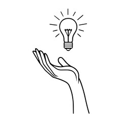 Hand holding light bulb. Smart idea icon isolated. Innovation, solution icon. Energy solutions. Power ideas concept. Electric lamp, technology invention. Human palm. Business inspiration.