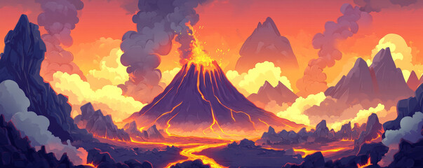 A dynamic cartoon backdrop of a volcano with molten lava flowing down the sides, a smoky sky, and distant peaks erupting in the background. The scene is intense and dramatic.