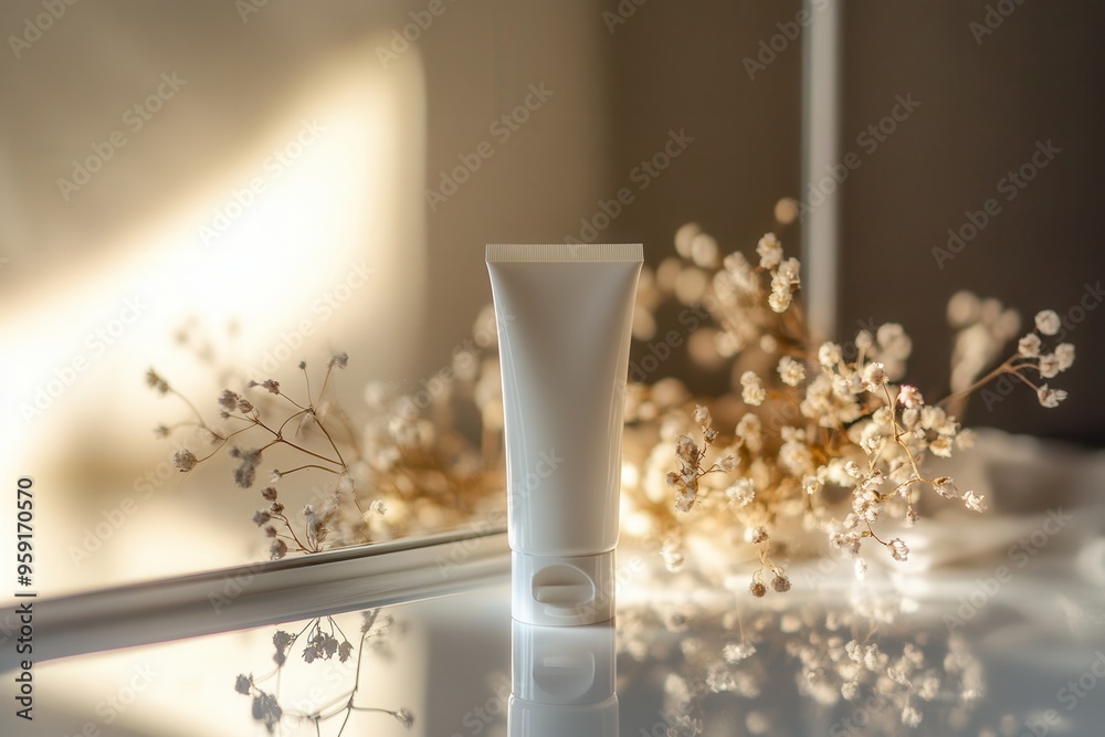 Poster a tube of cream stands upright, reflecting in a mirror, accompanied by delicate flowers in a softly 