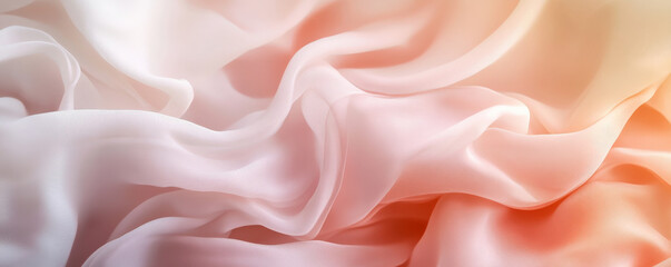 Fototapeta premium An abstract background with flowing 3D silk fabric in gradient hues of pale pink to soft white. The fabricâ€™s texture adds a gentle, dreamy quality to the scene.