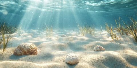 A serene underwater background showcasing a sandy ocean bottom with scattered sea grass patches. The scene is peaceful and undisturbed, with a few shells and small marine creatures nestled in the sand