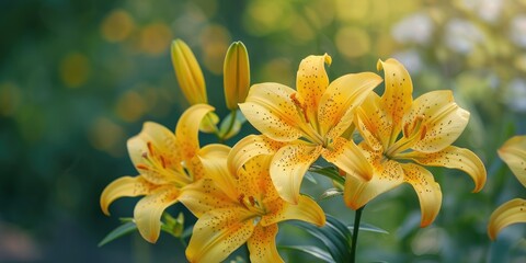 Blooming yellow lilies with speckled petals stand out against a soft focus greenery background © AkuAku