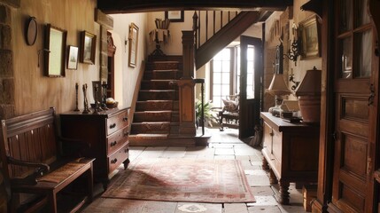 Antique Wooden Staircase and Rustic Entryway
