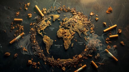 Visual representation of global tobacco consumption trends with data overlays on a world map