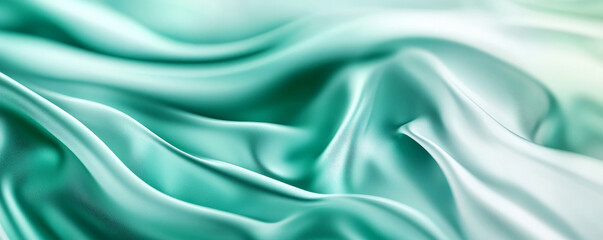 Obraz premium A sophisticated abstract background with 3D silk fabric in gradient shades of emerald green to pale mint. The fabricâ€™s smooth waves create a fresh, elegant atmosphere.