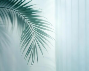 Fototapeta premium Green palm with reeded glass. White Reeded Glass. Ribbed Background. Plant leaves. Sunny banner for minimal wood presentation. Pure aesthetic behind frosted panel for modern beauty illustration.