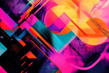 A vibrant, trendy abstract design with a mix of neon colors and geometric shapes. The design is energetic and eye-catching, with a playful, modern aesthetic.