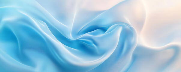 Obraz premium A modern, abstract background featuring 3D silk fabric with a gradient from icy blue to soft white. The fabric appears light and ethereal, with smooth, flowing waves.
