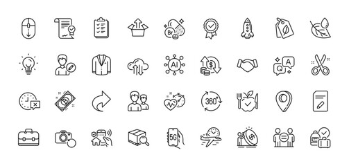 Cardio training, House security and 360 degree line icons pack. AI, Question and Answer, Map pin icons. Suit, Couple, Send box web icon. Bitcoin, Checklist, Time pictogram. Vector