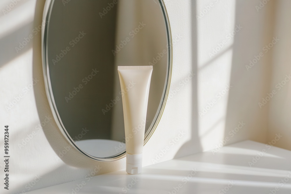 Poster a tube of cream sits on a clean surface, its reflection captured in a nearby circular mirror while g