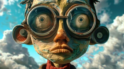 Close-up portrait of a cartoon character with large round glasses, a distressed face, and a cloudy sky in the background.