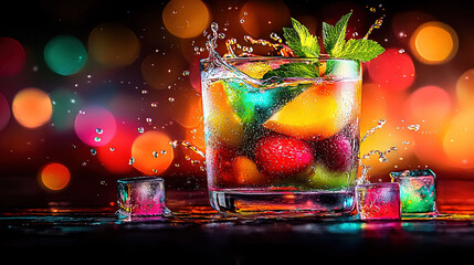   Close-up of a glass filled with fruit and ice against a blurred backdrop