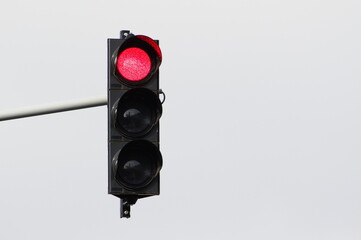 Stop red and orange light on traffic lights. Isolated on white background. Negative copy space for...