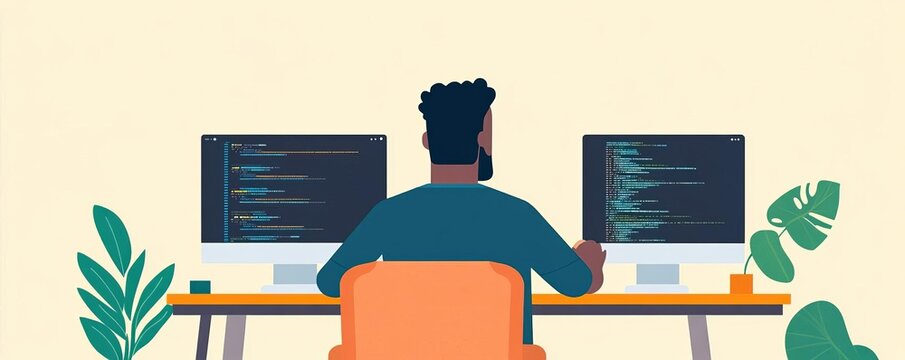 Developer enhancing frontend design, digital screens, futuristic coding setup